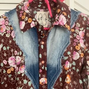 Free People Brown Floral Shirt with Pink Trim
